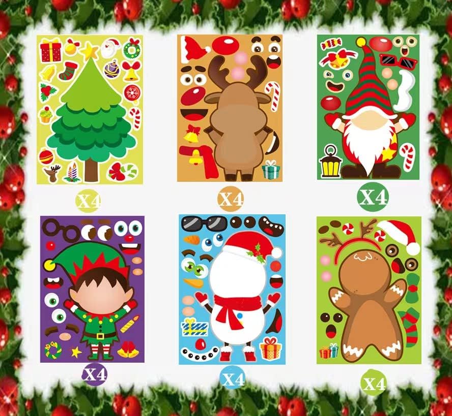 Miniatura 3 de 24 hojas de calcomanías de juegos de fiesta de Navidad, haz tu propio gnomo, hombre de jengibre, muñeco de nieve, cara de reno, calcomanías de