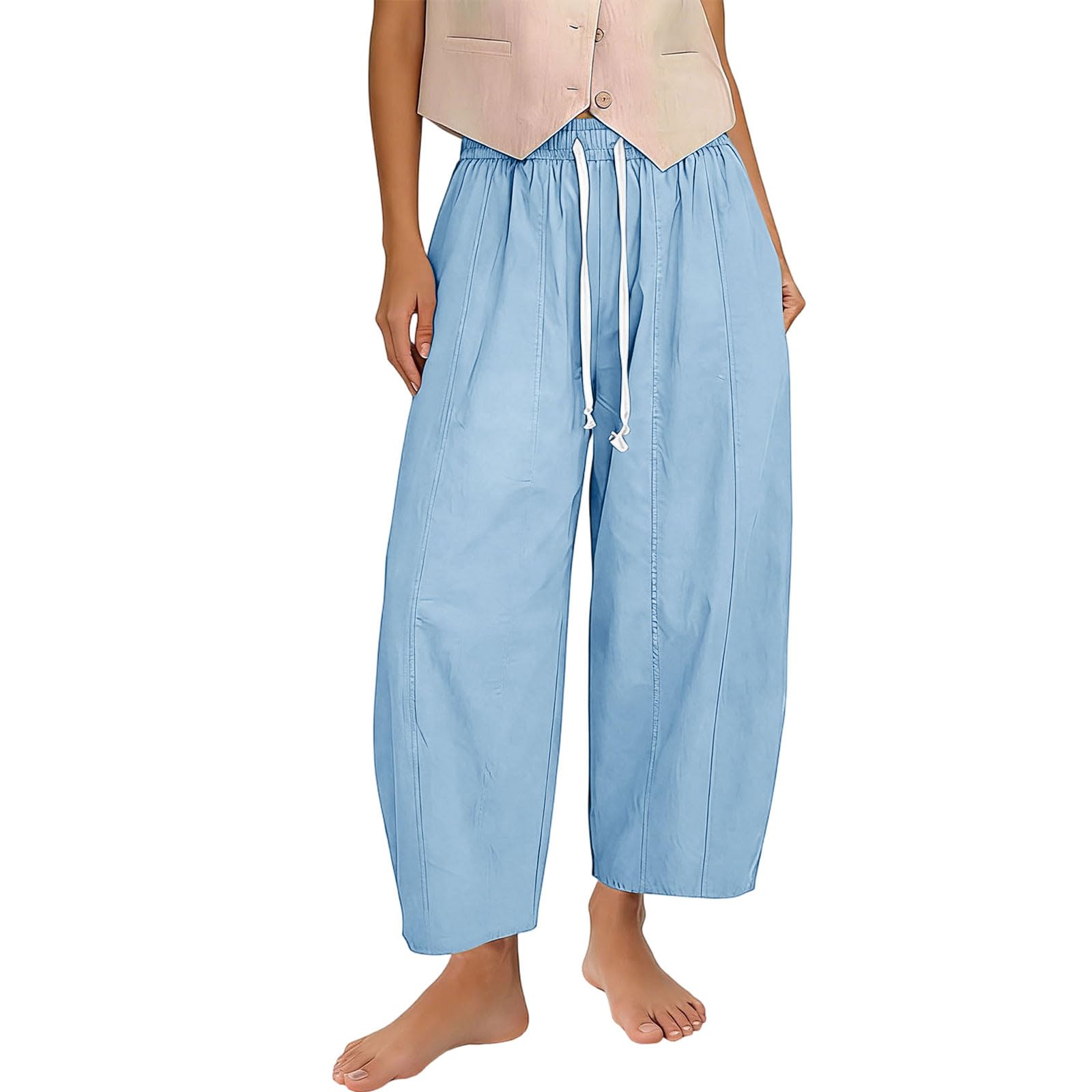 Balloon Trousers Women Cotton Linen Summer Barrel Leg Pants with Pockets