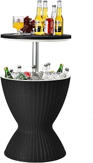 Byroce Cool Bar Table, 8 Gallon Rattan Patio Wine Cooler with Ice Bucket, Height Adjustable Tabletop & Drain Plug, 3-in-1 Outdoor Cocktail Coffee Table for Party, Patio, Pool, Deck (Black)