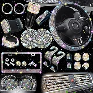 NBTEPEM 27 PCs Multicolor Bling Car Accessories Set for Women, Steering Wheel Covers Universal Fit 15 Inch, Bling License Plate Frame, Bling Phone Holder, Bling Car Coasters