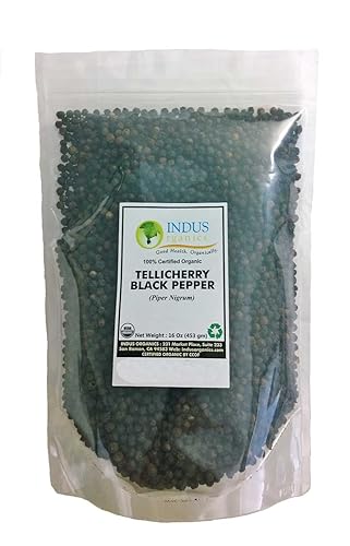 Indus Organics granos de pimienta negros Tellicherry, clasificación premium, pureza alta, empacado fresco