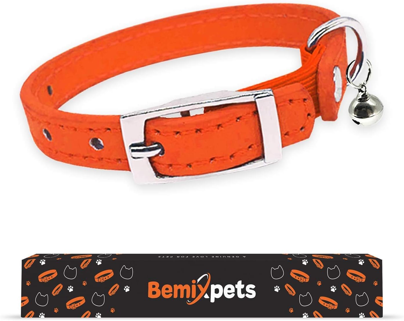 Leather Cat Collar, Cat Collar with Elastic Strap,Kitten Collar with Bells, Gift, Colors: Black, Orange, Green, Pink, Purple, Small…