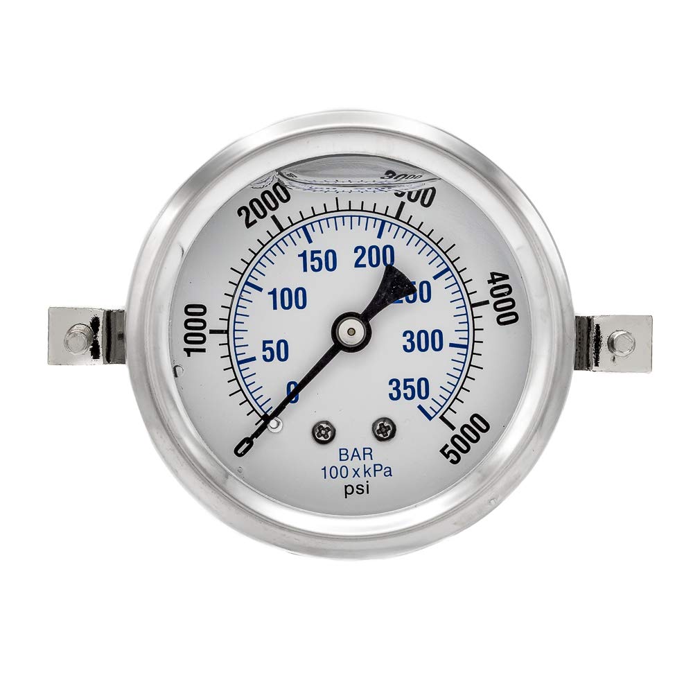 PIC Gauges PRO-203L-254R U-Clamp Panel Mount Glycerin Filled Industrial Pressure Gauge w/ SS Case, Brass Internals, Plastic Lens, 2.5" Dial, 0/5000 psi Range, 1/4" Male NPT