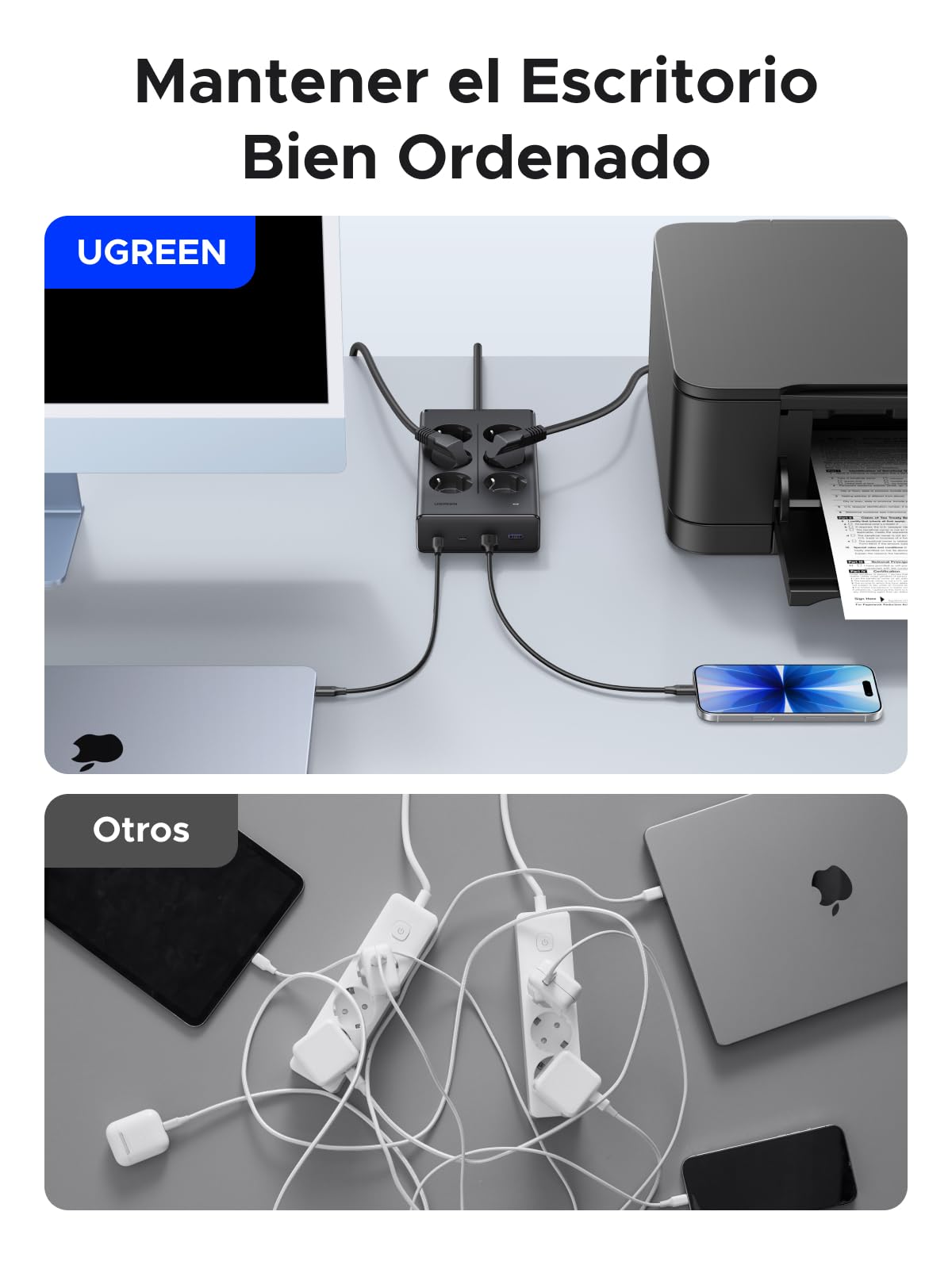 UGREEN 10 EN 1 Regleta Enchufe PD 65W USB C Multiple 6 Tomas AC 3680W 16A | 2 USB-C 2 USB-A, 1.6M Extension Negro, Interruptor, Power Strip GaN Inteligente Ladron Plano, Proteccion Sobretension Oficina
