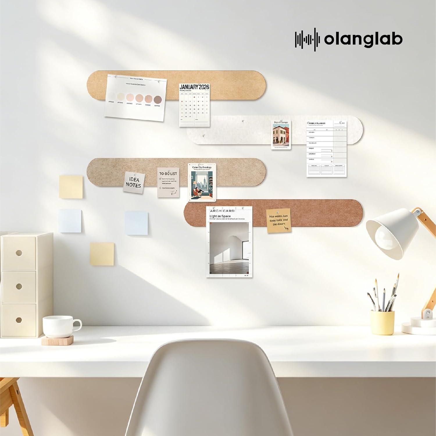 Olanglab Cork Board 24"x16" Bulletin Board 4-Pack with 50 Push Pins, Alternative Felt Strip Pin Board, Adhesive Wall Office Decor, Boho (Caramel)
