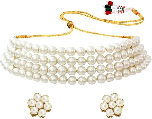 Aheli Combo of Crystal Faux Pearl Long Necklace with Drop Earrings Traditional Ethnic Bharatanatyam jewellery set for Women