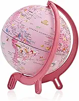 Globo Terrestre Infantil Rosa 16 cm com Animais – Globo Educativo Escolar Rotativo com Base Estável para Crianças, Decoração Infantil e Aprendizado de Geografia