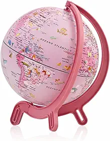 Globo Terrestre Infantil Rosa 16 cm com Animais – Globo Educativo Escolar Rotativo com Base Estável para Crianças, Decoração Infantil e Aprendizado de Geografia