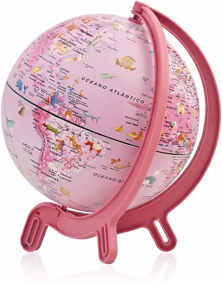 Globo Terrestre Infantil Rosa 16 cm com Animais – Globo Educativo Escolar Rotativo com Base Estável para Crianças, Decoração Infantil e Aprendizado de Geografia