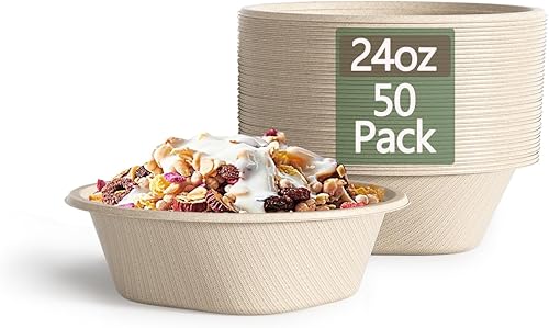 Homestockplus Paquete de 50 Cuencos de papel desechables de 24 onzas, cuencos desechables resistentes, hechos de bagazo natural para cereales,
