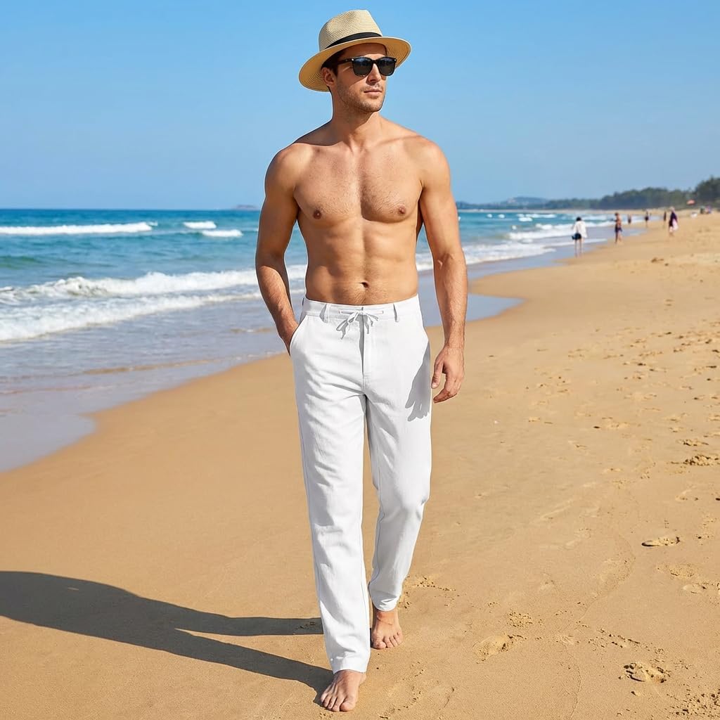 Uusollecy Linen Pants for Men Lightweight Summer Beach Pants Mens Casual Drawstring Waist Linen Trousers 30" 32"