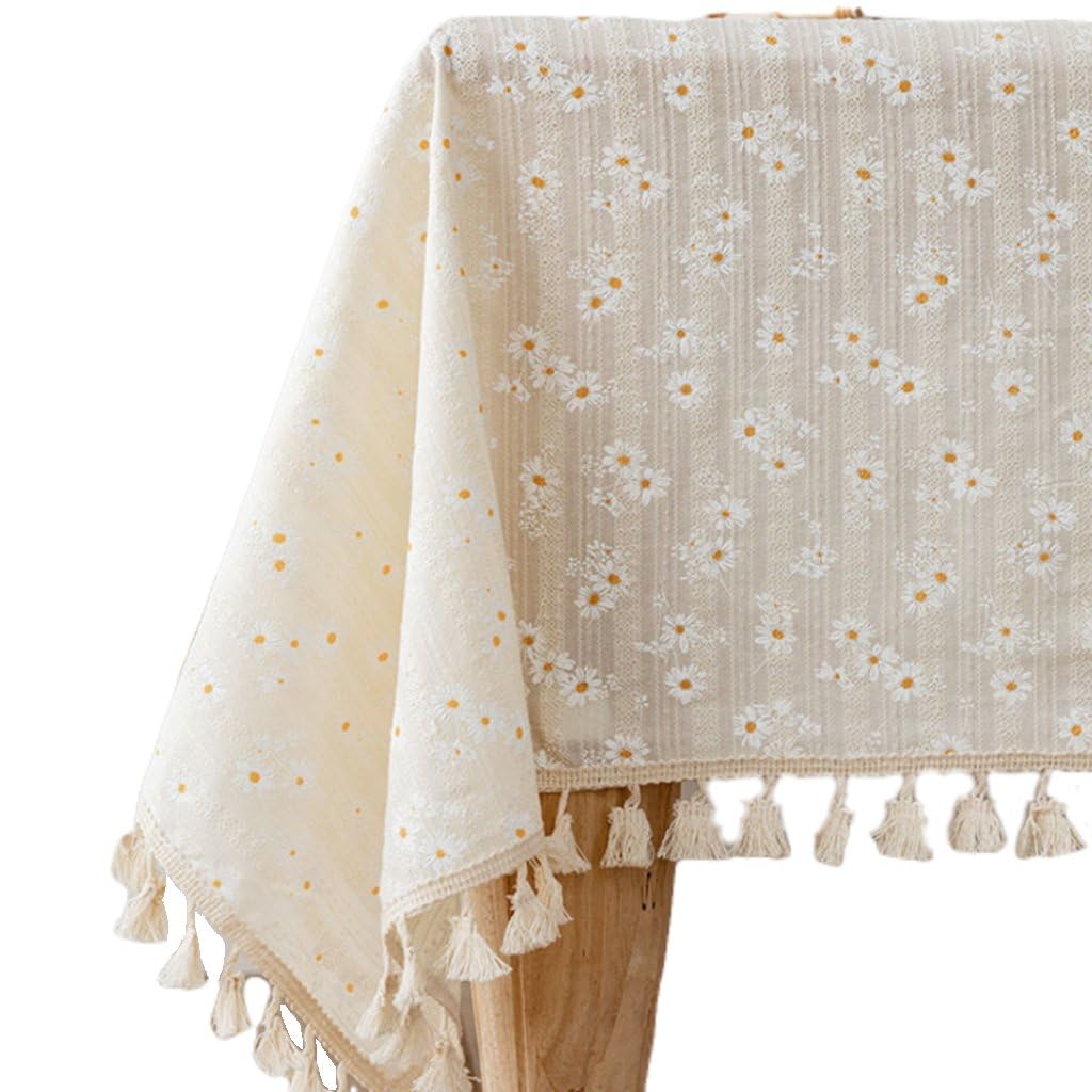 Bawełniany kwiatowy obrus mała stokrotka wzór 140 x 200 cm obrus na stół z frędzlami t do dekoracji kuchni i jadalni herbata parowa stół