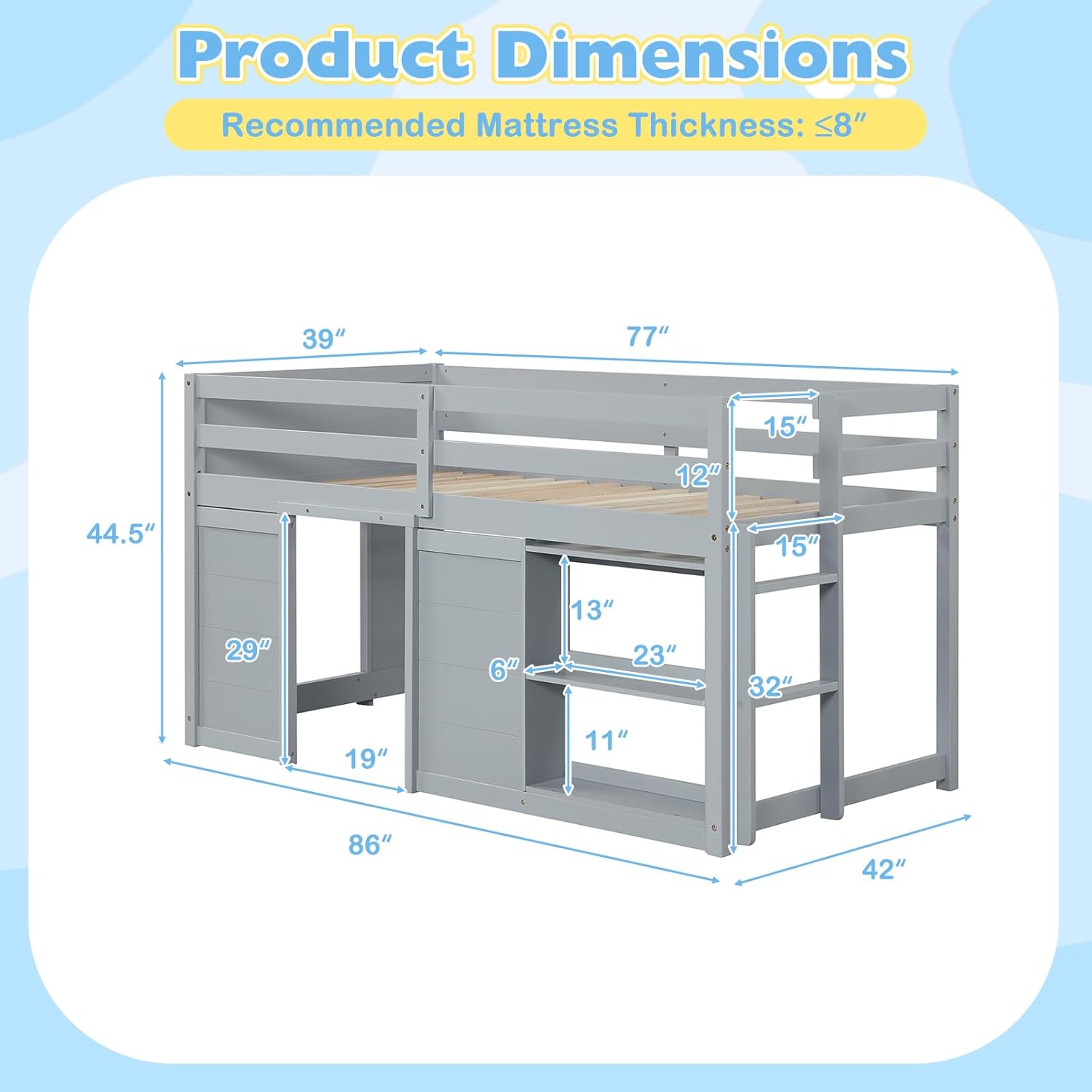 Giantex Loft Bed Twin Size with LED Lights, Wooden Low Bed Frames for Kids w/2 Doors, Under-Bed Play Space & Storage Bookcase, Modern Bedframe with Ladder & Safety Guardrail for Boys Girls (Grey)