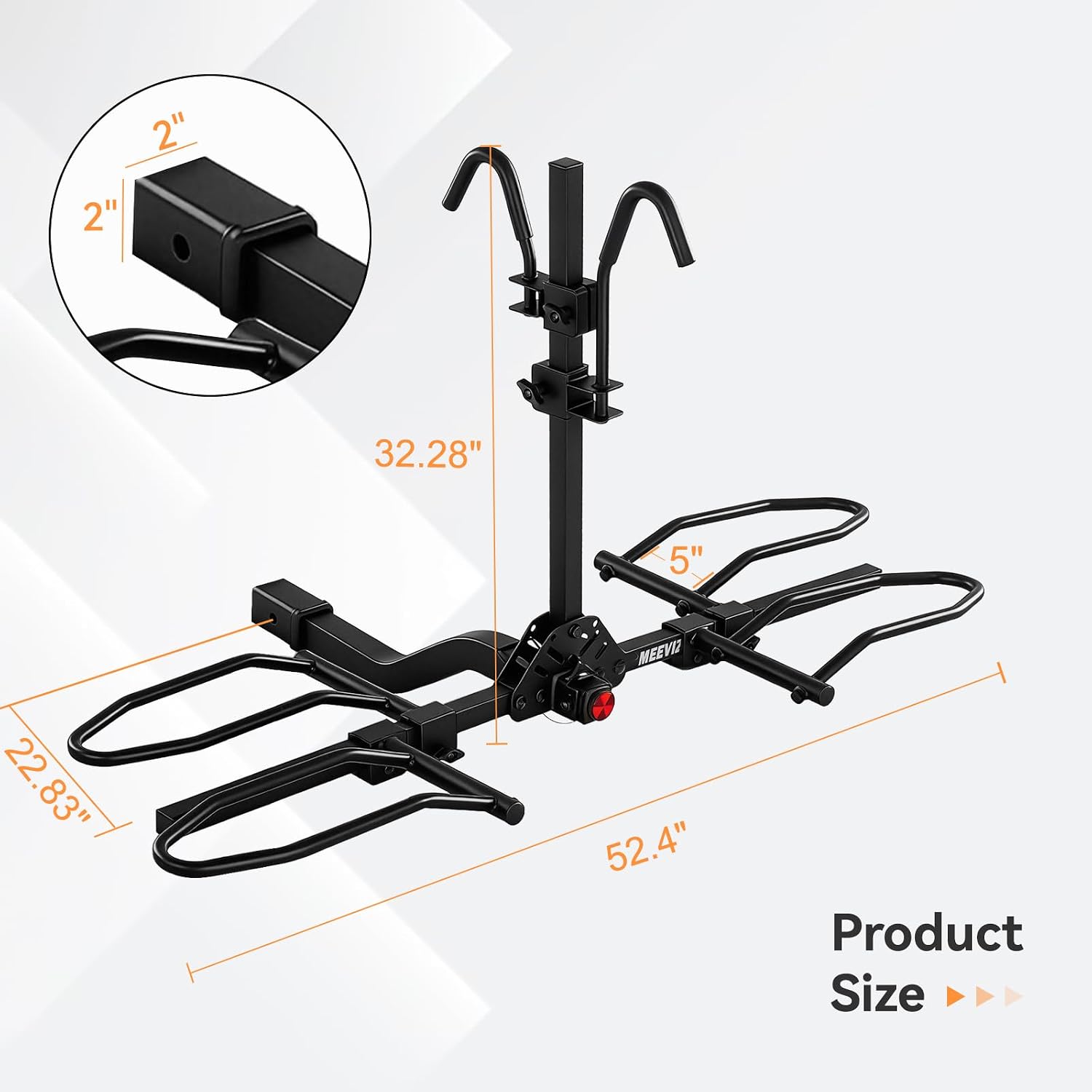 Diagram showing the dimensions of the MEEVIZ 2-Bike Hitch Mount Bike Rack