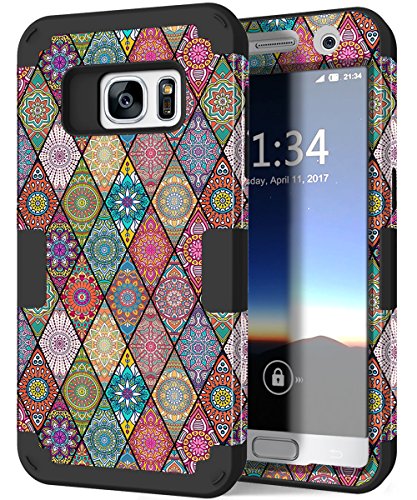 Galaxy S7 Case, Hocase Heavy Duty Protection Shock Absorbent Silicone Bumper+Hard Plastic Dual Layer Full-Body Protective Phone Case for Samsung Galaxy S7 (SM-G930) - Mandala Flowers/Black