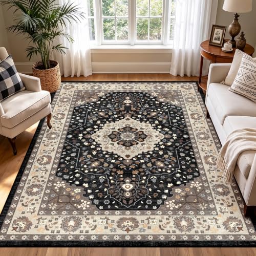 Image of TUKDAK Vintage Area Rug for Living Room 120x180cm, Black White Boho Machine Washable Rugs for Bedroom, Soft Short Pile Non Slip Classic Carpet for Dining Room Office Kitchen Nursery