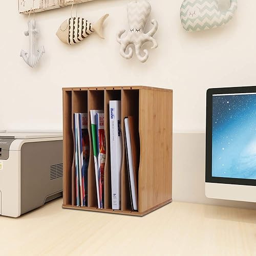 Miniatura 3 de Organizador de archivos de bambú, organizador de archivos de escritorio, bandeja de cartas con 4 divisores, estantes clasificadores de papel,