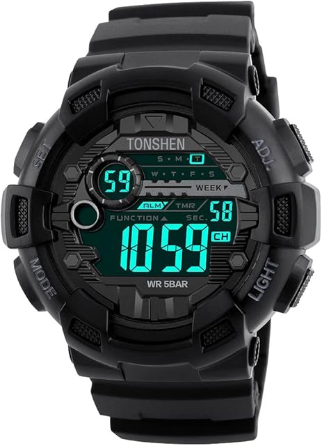 TONSHEN Men's Digital LED Sport Watch 164FT 50M Waterproof Outdoor Military 12H/24H Time Multifunction Watch Dual Time Backlight Stopwatch Calendar Date Black Plastic Watch with Rubber Strap