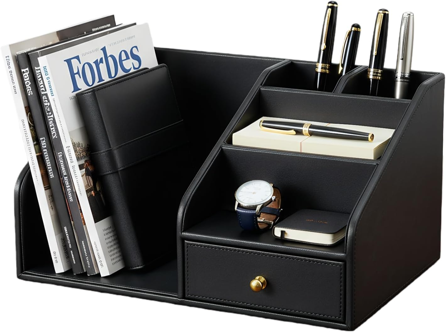 KINGFOM Organisateur de Bureau avec Porte-revues A4, Rangement de Bureau en Cuir, Multifonction Pot à crayon Porte Revue Bureau (Noir)