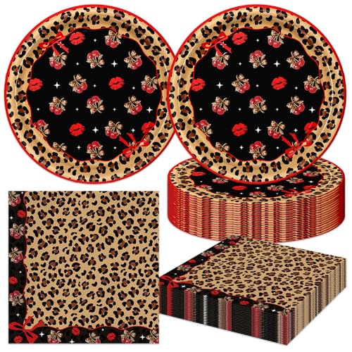 40Pcs Cheetah Cherry Birthday Party Plates and Napkins for 20 Guests Tableware Cheetah Cherry Decorations Supplies for Kids Girls Baby Shower Birthday Party Decorations