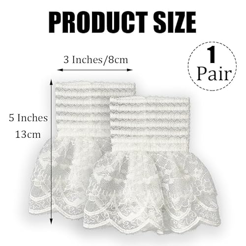 MIUPOO Detachable Fake Sleeve,Floral Layered Cuff,Elastic Fingerless Hand Sleeve Ruffled Floral Short Lace Gloves for Party Prom Masquerade,Wrist Warmers,White