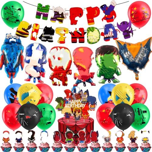 40PCS Hero Birthday Decorations Movie Theme Party Supplies for Boys and Girls Birthday Party Decorations Kids Birth day Decorations Pack with Hero Cake Toppers Balloon Banner Foil Balloon