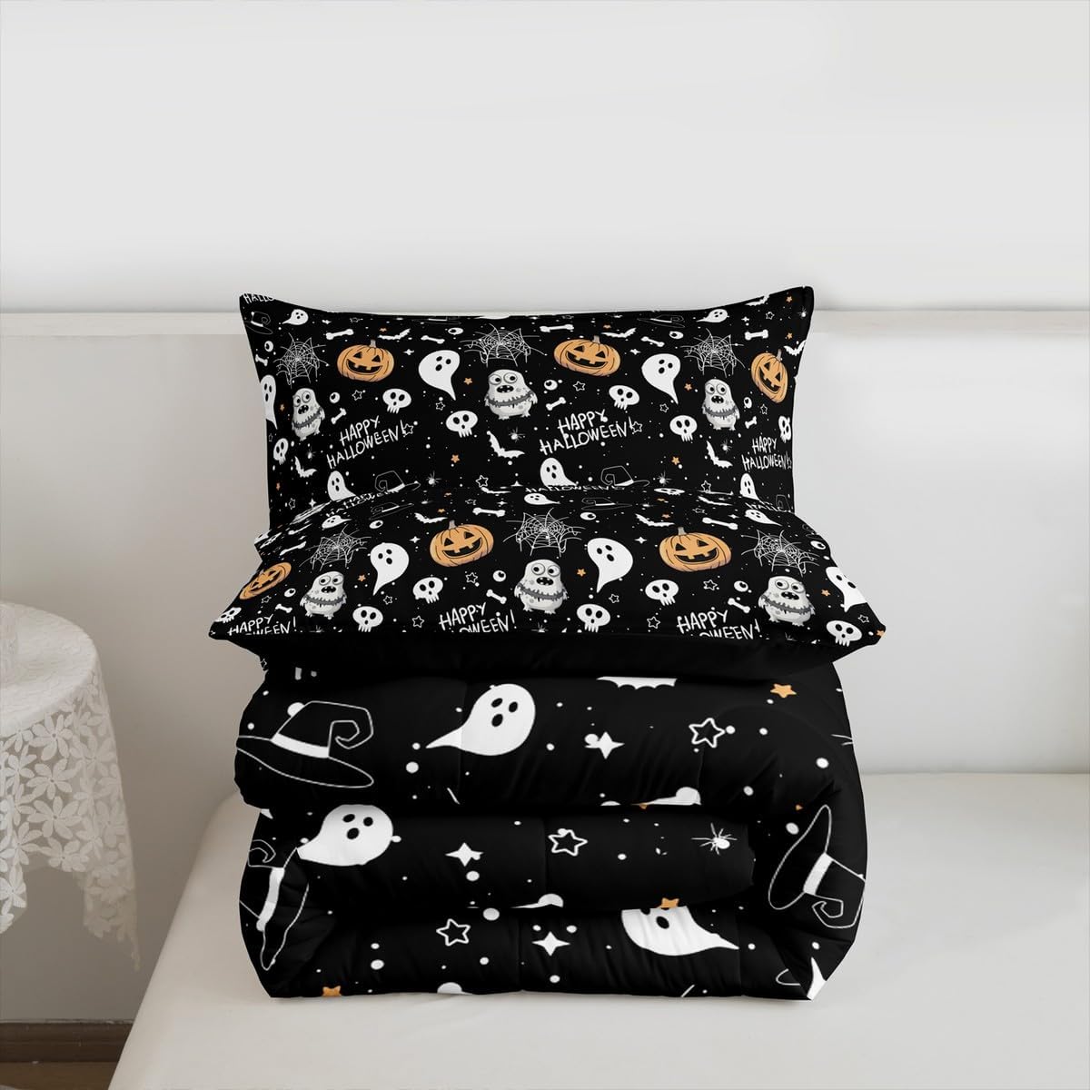 Erosebridal Kids Halloween Ghost Queen Comforter Set, Skull & Bat Pumpkin Bedding Set for Boys Girls, Goth Bats Spider Web Quilt | Spooky Bedroom Decor with 2 Pillowcases