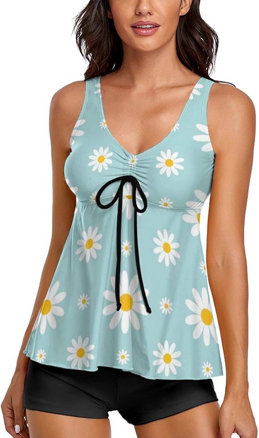 Womens Drawstring Tankini Bathing Suits, Two Piece Quick Dry Swimwear with Boyshorts for Swimming Hot Spring