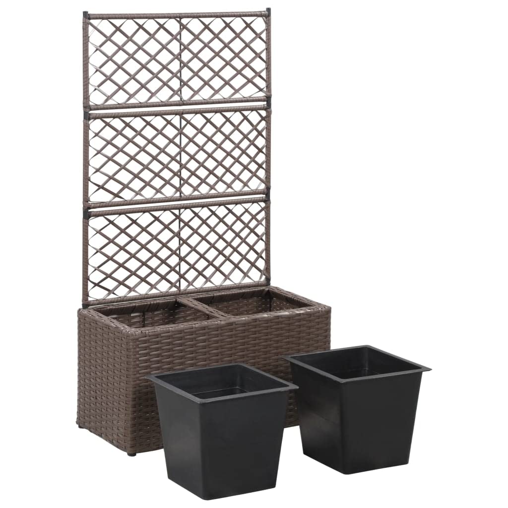 Podniesiona kratownica z 2 wyjmowanymi doniczkami 58 x 30 x 107 cm Polyrattan Brązowy do pnących roślin ogrodowych donica ogrodowa dekoracyjna na zewnątrz to podniesione łóżko