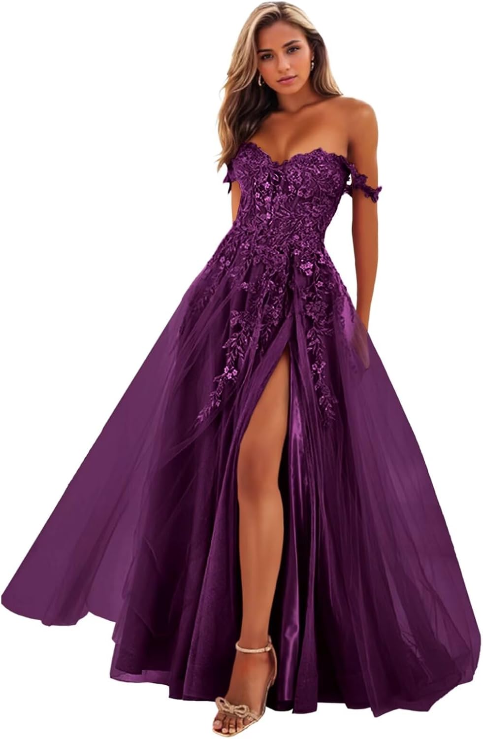Cudiew Sparkly Tulle Prom Dresses Lace Applique Corset Long Off The Shoulder Formal Evening Gowns with Slit for Women