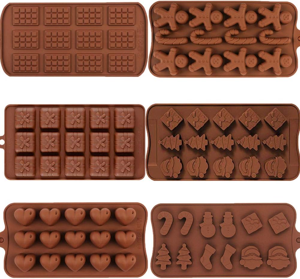 6 Pack Christmas Silicone Chocolate and Candy Moulds Non-Stick Jelly mould for Party Xmas Gift with Shape of Gingerbread, Candy Cane, Santa, Snowman, Christmas tree, Socks, Gift, Heart…