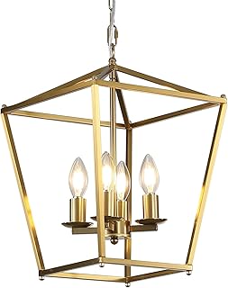 Rustic Lantern Chandeliers 4-Light Ceiling Cage Hanging Lights Gold Pend...