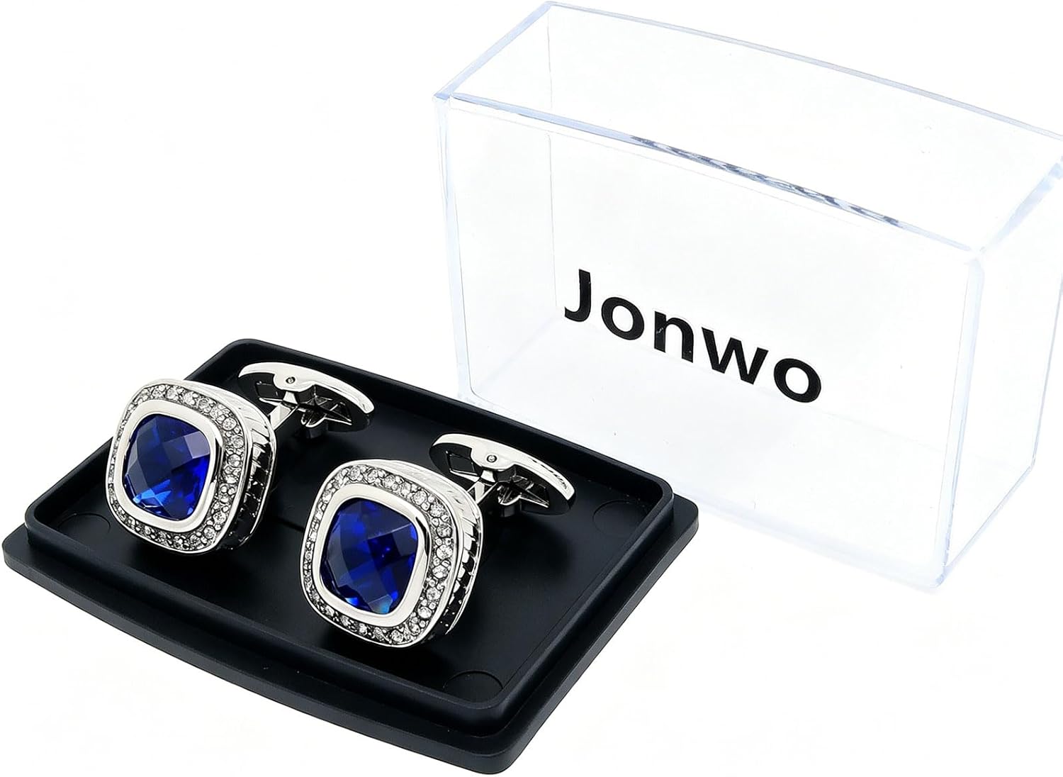 Silver Tone Blue Crystal Cufflinks for Men Wedding Dress Square Crystal Men Cuff Links for Shirt Party Birthday Anniversary Dress