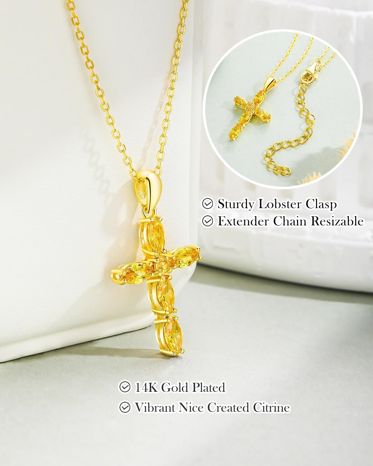 Created Gemstone Birthstone Cross Necklace 14K Gold Plated 925 Sterling Silver Christian Religious Jewelry Cross Pendant Necklace for Women Men