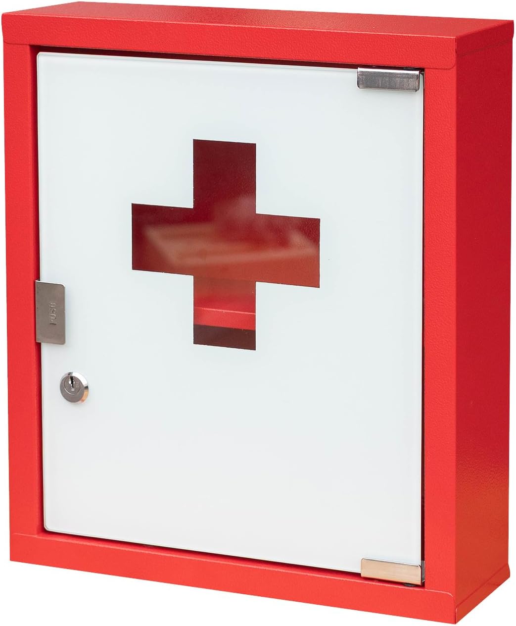 Wall Mount Locking Medicine Cabinet, Large Capacity Steel First Aid Organizer with Glass Door, Secure Medication Lock Box, 14"x12"x4", Red