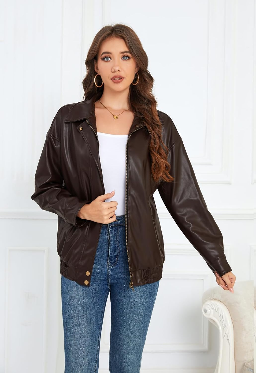 Women's Leather Jacket Faux Zip up Oversized 2025 Fall Motorcycle Outerwear With Pockets - Image 2