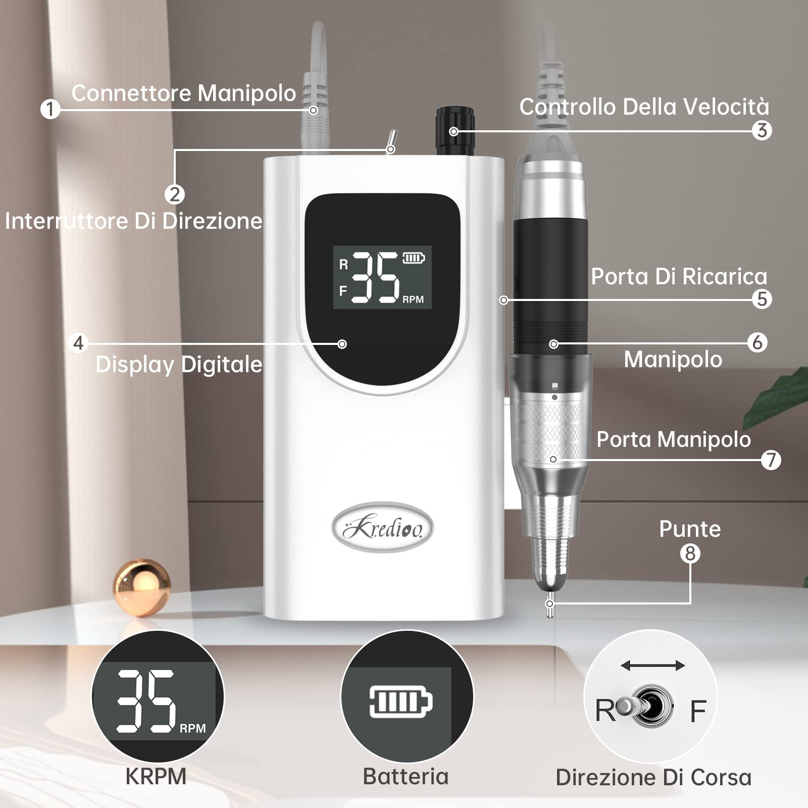 Kredioo Fresa per Unghie Professionale 35000RPM Ricaricabile, Fresa Unghie Portatile, Lima Elettrica, Manicure e Pedicure, Trapanino, Trapano Elettrico per Rimozione Gel e Smalto, Kit 6 Punte, Bianco
