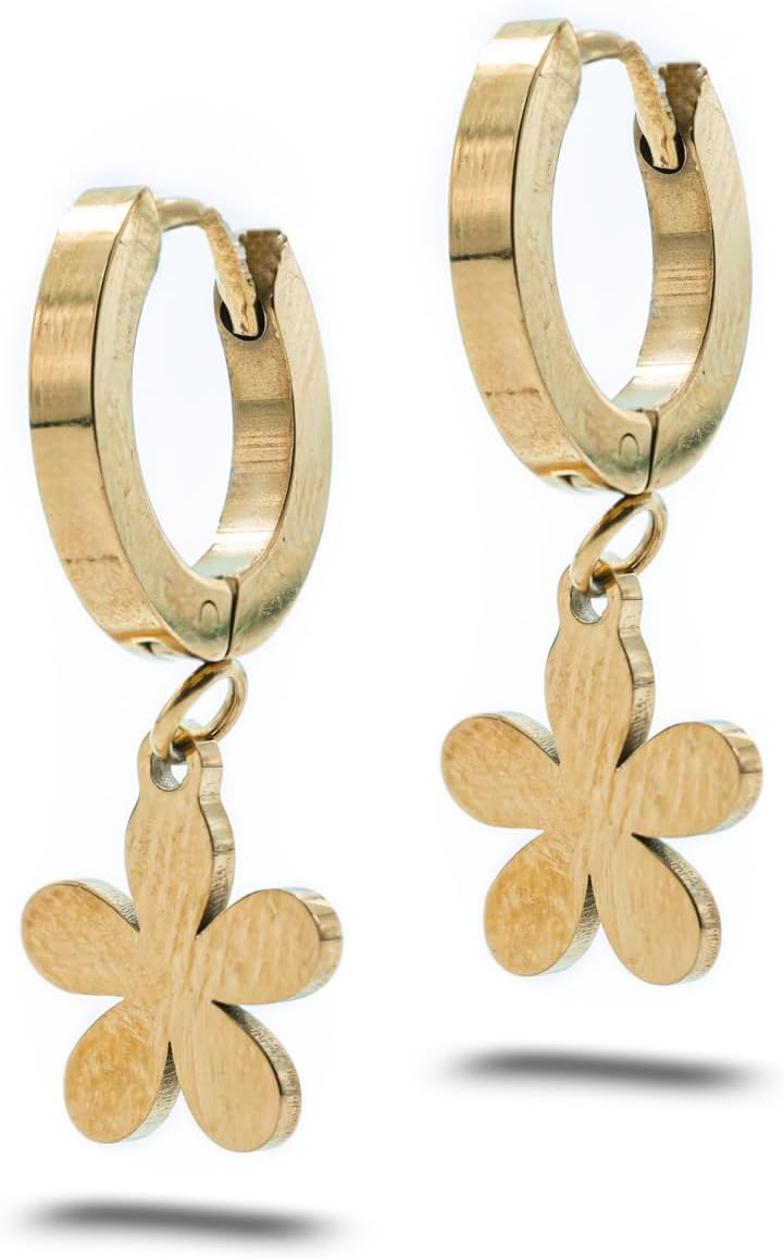 C-BO Gold Hoop Earrings with Flower Charms – Textured 5-Petal Design, Lightweight Hypoallergenic Jewelry for Women, Elegant Dangle Accessory
