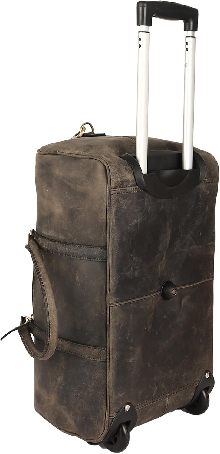 Leather Rolling Travel Duffle Bag for Men Women 21 inch with wheels Sports Overnight Weekend Duffel Gym Cabin Holdall with wheels for easy carry