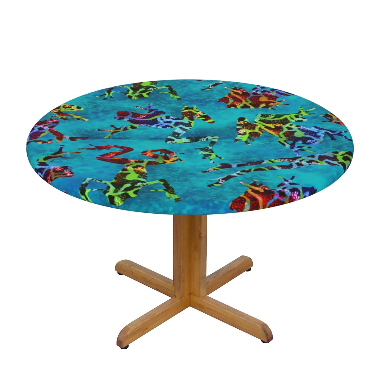 Lsjuee Round Fitted Tablecloth 45-50in Elastic Edged Table Cloth for Kitchen Dining Party Home Decor - Colorful Frog
