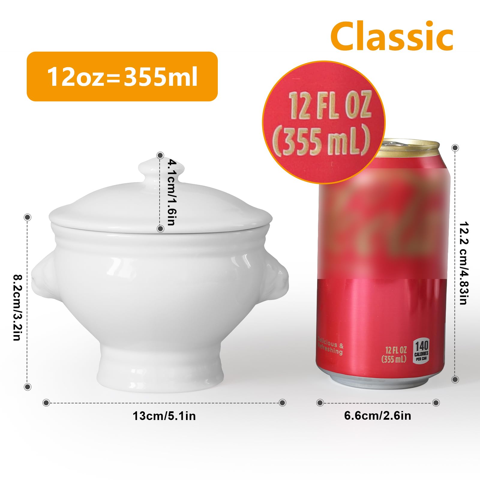 Cinf Weiße Keramik 354 ml Set von 4 Löwenkopf Porzellan Suppenschalen mit Deckel Weihnachtsgeschenke Mikrowelle Safe Suppe und Obst