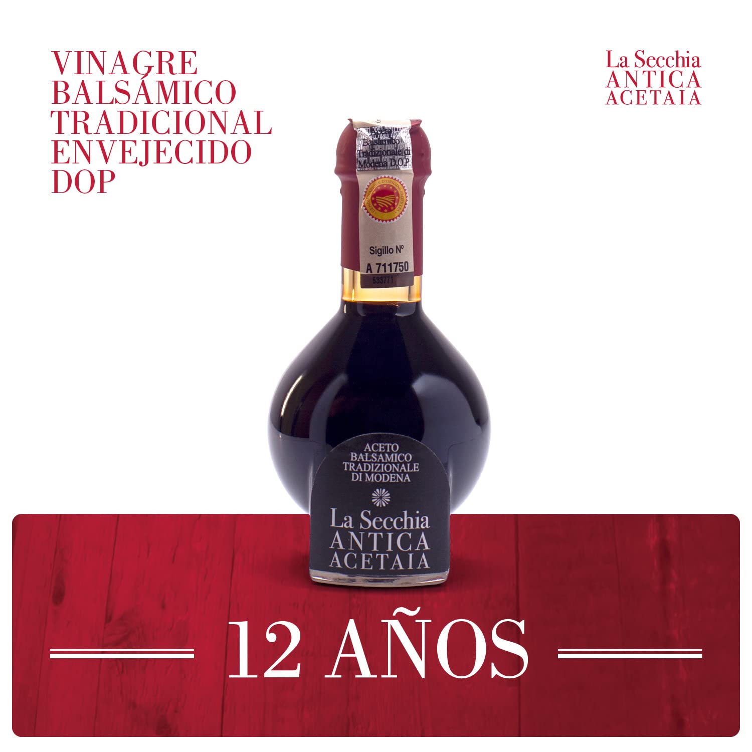 La Secchia - "Affinato", Vinagre Balsámico Tradicional de Módena DOP, Envejecido Mínimo 12 Años, Botella 100 ml con Estuche y Dosificador de Vidrio Soplado, Idea de Regalo