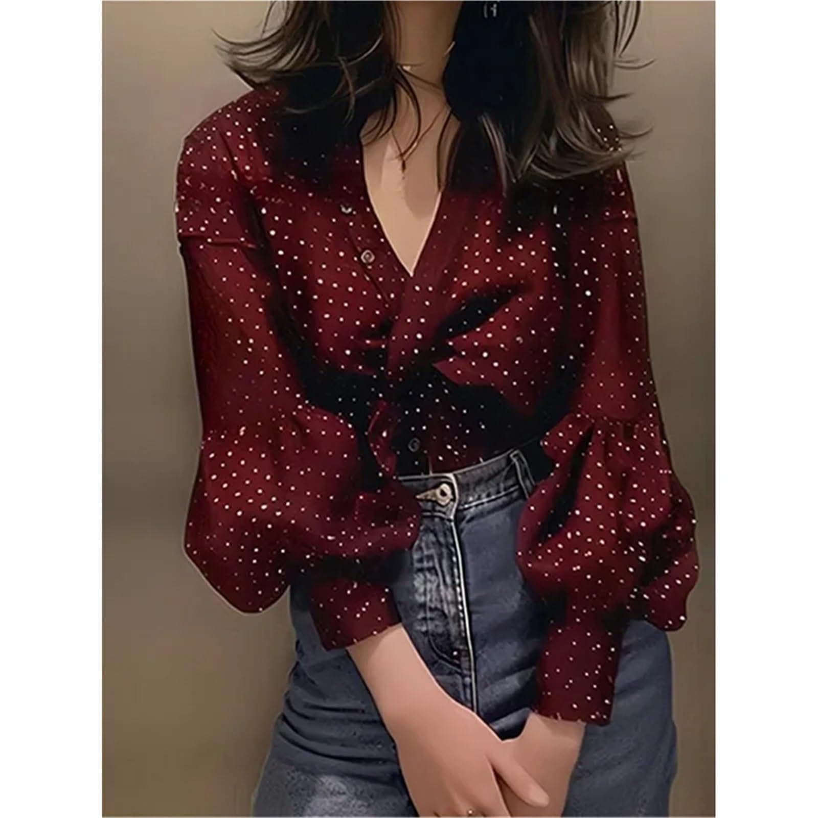 Camicia A Pois da Donna Blusa da Ufficio for Donna, Primavera ed Estate, Semplice, Ampia, in Chiffon a Pois, a Maniche Lunghe, Tinta Unita, con Scollo a V e Bottoni.