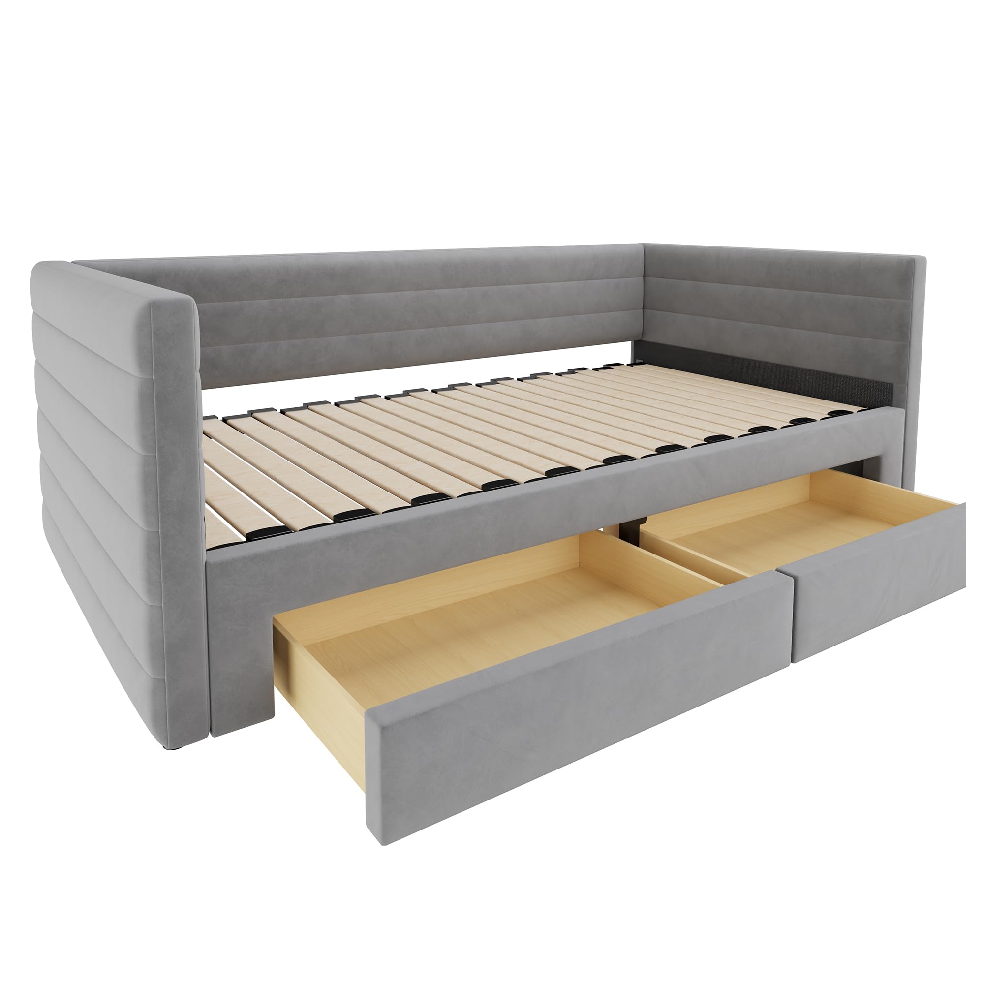 Soweiz Lettino imbottito 3 in 1 divano letto estraibile 90 x 190 cm, letto con cassetti, trasformabile in singolo/matrimoniale con rete a doghe, cotone e lino (senza materasso) (grigio)