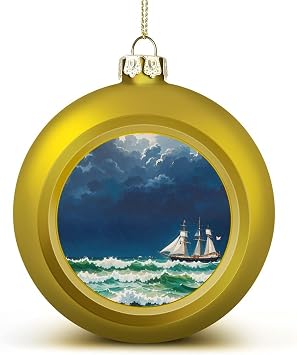 Christmas Ball Ornaments 2.4 Inch - Stormy Waves Vintage Sailboat Xmas Tree Baubles for Holiday Wedding Party Decor, Hanging Decorations for Home Fireplace Golden