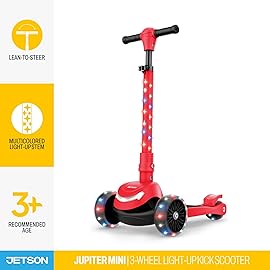 Jetson Scooters - Jupiter Mini 3 Wheel Kick Scooter (Red) - Collapsible Portable Kids Three Wheel Push Scooter - Lightweight Folding Design with High Visibility RGB Light Up LEDs on Stem and Wheels