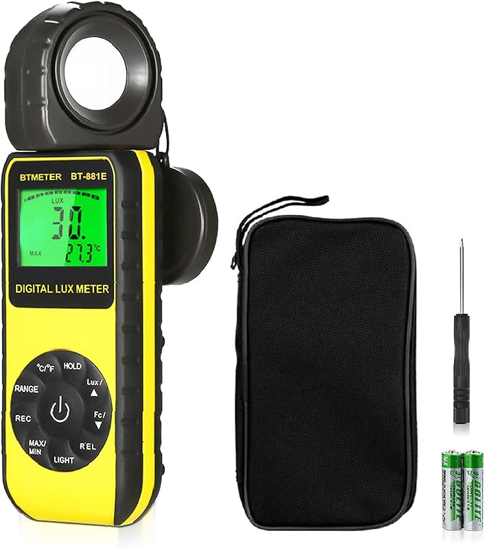 BTMETER Medidor de luz de iluminancia digital, fotómetro de mano Luxmeter 881E | Luces de medición 0,01-300.000 Lux (0,01-30.000 FC) velas de pie, medidor par para plantas, probador de luz de acuario, retroiluminación LCD