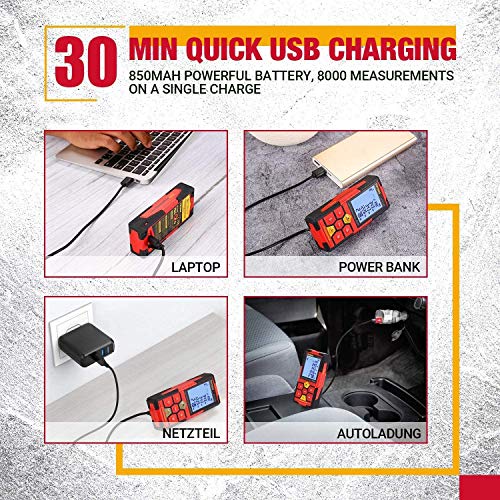 Laser Measure,196Ft M/In/Ft Rechargeable Laser Distance Meter, Red,Big Screen, with Electronic Angle Sensor,99 Sets Data Storage, 2.25''LCD Backlit, Measure Distance, Area and Volume