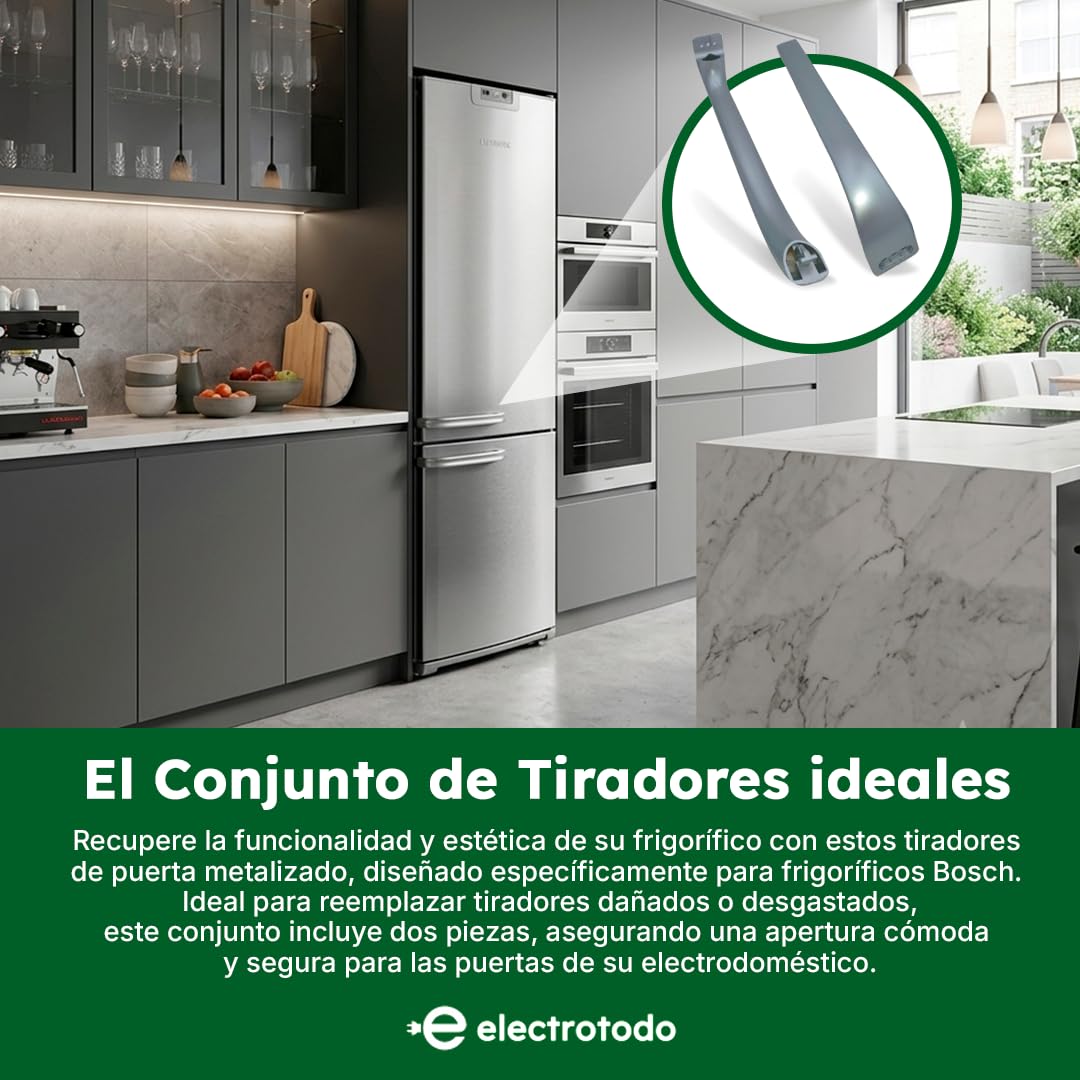Pack 2 Tiradores Compatibles para Frigorífico Bosch | Repuesto Adaptable Referencias 00369551, 00267579 y 00488920 | Color Metalizado/Acero | Fácil Instalación | Compatible con Diversos Modelos