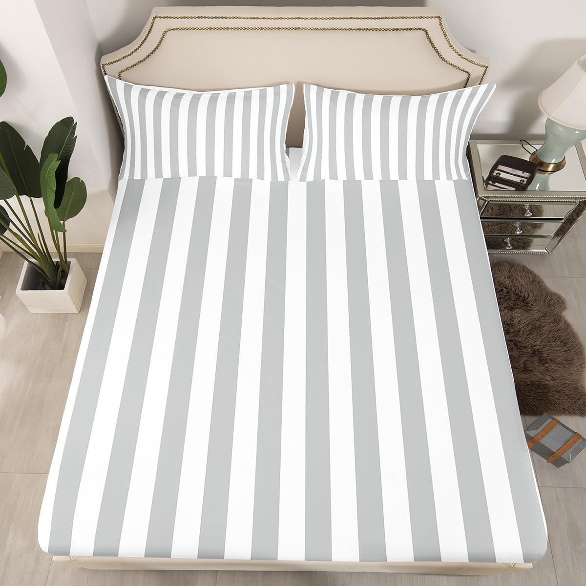 Kids Pink Green Bedding Full Size Abstract Fitted Sheet with 2 Pillowcases for Boys Girls Teens Bedroom Decor Stripes Bed Sheets Set 16" Deep Pocket Breathable Soft Microfiber Women Men Geometric